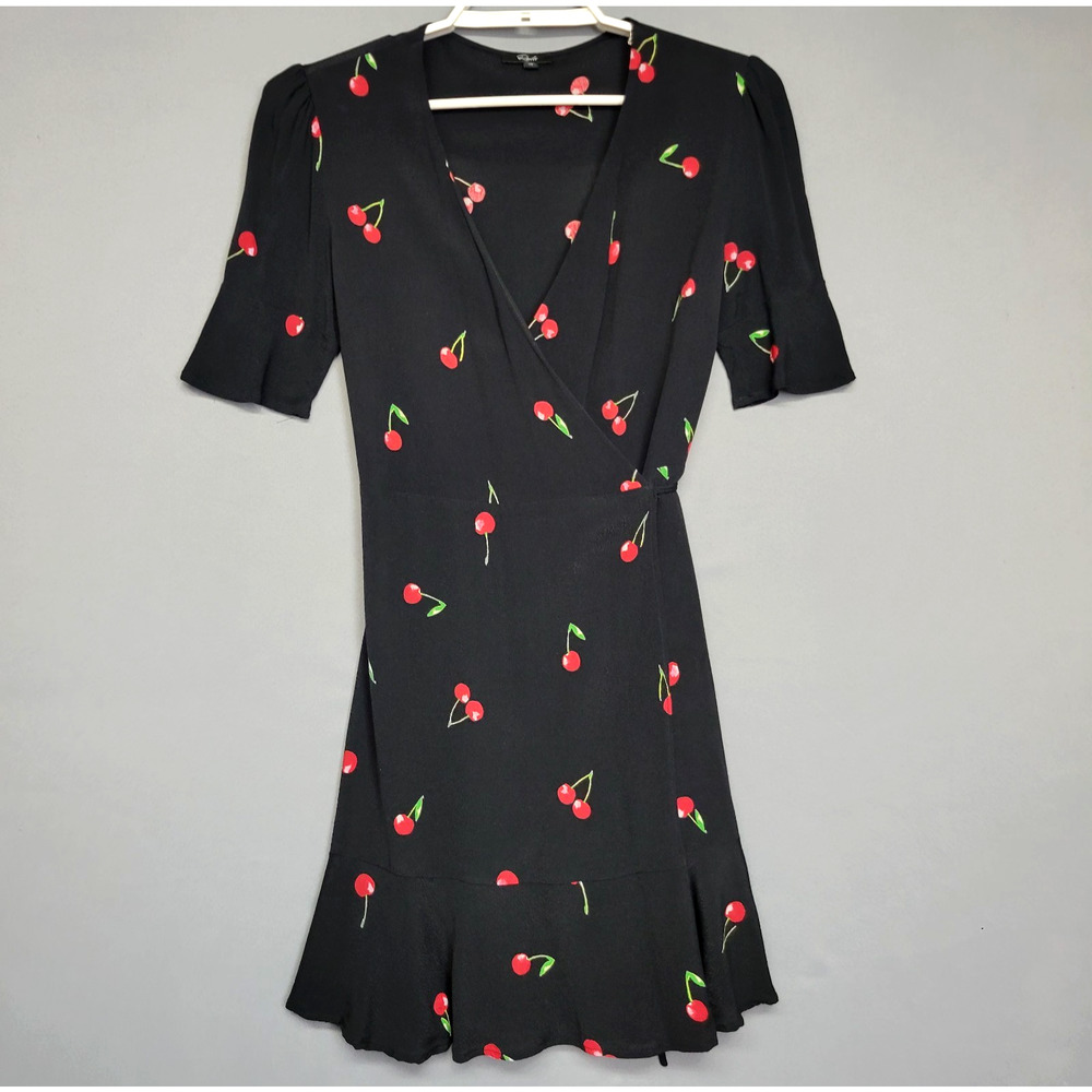 Rails‎ Aimee Wrap Style Cerise Cherry Dress Black Red Womens XS Flirty Mini - Picture 3 of 13